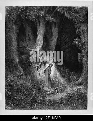 L'illustrazione di Gustave Doré all'Inferno di Dante. Piatto i: Canto i, linee di apertura Data originale 1857 Fonte Divina Commedia di Dante: Inferno - Purgatorio - Paradiso. Illustrazioni di Gustave Doré, citazione sotto illustrazione: A metà del viaggio della nostra vita / mi sono trovato all'interno di una foresta oscura / per il percorso diretto era stato perso. Foto Stock