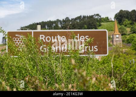 Borgogna Francia 19 maggio 2013 : segno che indica la strada dei Grands Crus, o letteralmente grandi vini Foto Stock