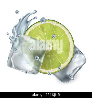 Mezzo lime con cubetti di ghiaccio e spruzzi d'acqua Foto Stock