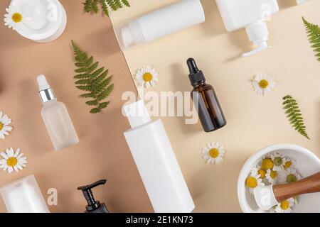 Set di cosmetici per la cura. Bottiglie varie, tubi con cosmetici, fiori di camomilla, foglie di felce e recipiente di Malta con pestello su fondo beige e marrone. Foto Stock