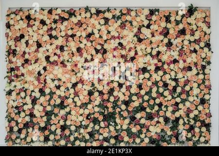 Muro con fiori diversi. Sfondi, trame, sfondo. Decorazione di nozze. Area foto Foto Stock