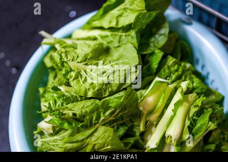 Primo piano di un cestino di verdure appena lavate Foto Stock