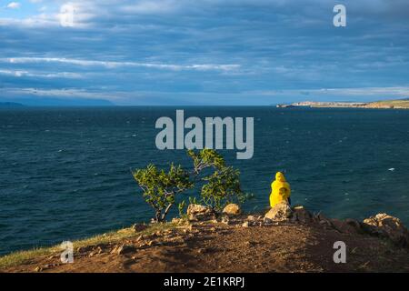Un uomo solitario in una giacca gialla si trova su un'alta costa rocciosa di un mare tempestoso. Paesaggio estivo con nuvole e sole luminoso. Solitudine. Foto Stock