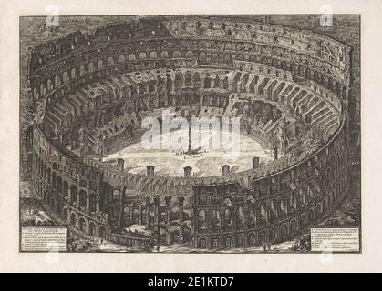 Incisione vintage della vista dell'Anfiteatro Flaviano chiamato Colosseo. 18 ° secolo Foto Stock