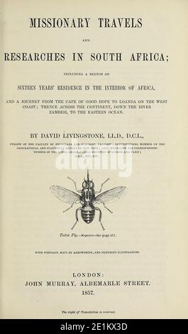 Title Page dal libro 'viaggi e ricerche Missionarie in Sud Africa : Tra cui un disegno di sedici anni di residenza all'interno dell'Africa, e un viaggio dal Capo di buona speranza a Loanda, sulla costa occidentale, quindi attraverso il continente, lungo il fiume Zambesi, verso l'oceano orientale ' da David Livingstone pubblicato a Londra nel 1857 Foto Stock