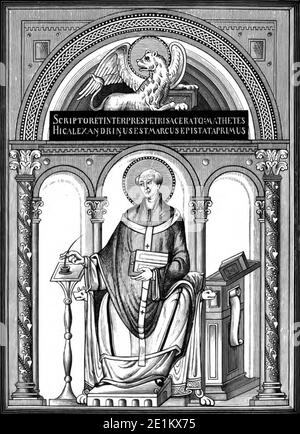 Miniatura dell'evangelista San Marco; da un manoscritto dei Vangeli tratto dal libro ' manoscritti illuminati in epoca classica e medievale : la loro arte e la loro tecnica' di Middleton, J. H. (John Henry), 1846-1896 pubblicato nel 1892 Foto Stock