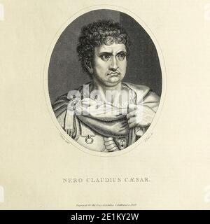 Claudius Cesare Augusto Germanico; 15 dicembre 37 – 9 giugno 68 d.C.) è stato il quinto imperatore romano, regnante dal 54 al 68. Il suo famigerato regno è solitamente associato con tirannia, stravaganza e disordine. Nerone, originariamente chiamato Lucius Domitius Ahenobarbus, appartenne alla dinastia Giulio-Claudio, e fu adottato come erede dall'imperatore Claudio, suo zio e paterno. Nerone succedette a Claudio mentre non aveva ancora 17 anni, e sua madre, Agrippina, cercò di dominare la sua prima vita e le sue decisioni, ma Nerone la cacciò e la fece uccidere cinque anni nel suo regno. Incisione su copperplate dall'Enc Foto Stock