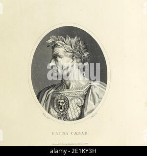 Galba (Servius Galba Cesare Augusto, 24 dicembre 3 a.C. – 15 gennaio 69 d.C.) è stato un imperatore romano dal 68 al 69, primo imperatore dell'anno dei quattro imperatori. Era conosciuto come Lucius Livius Ocella Sulpicius Galba prima di prendere il trono come risultato della sua adozione da parte della sua madre, Livia Ocellina. Governatore di Hispania al tempo della ribellione di Gaio Giulio Vindex in Gallia, prese il trono dopo il suicidio di Nerone. Incisione su copperplate dell'Enciclopedia Londinensis OR, dizionario universale delle arti, delle scienze e della letteratura; Volume XXII; a cura di Wilkes, John. Pubblicato Foto Stock