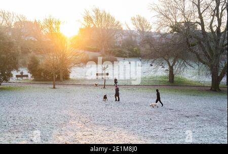 Brighton UK 8 gennaio 2021 - Dog Walkers al mattino presto nel Queens Park Brighton in una giornata gelosa molto fredda nel Sud Est. Più neve e sleet è previsto per alcune parti della Gran Bretagna con temperature di congelamento, ma si prevede di riscaldarsi nel fine settimana: Credit Simon Dack / Alamy Live News Foto Stock