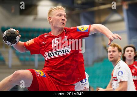 Kolding, Danimarca. 07 gennaio 2021. Magnus Saugstrup (15) della Danimarca ha visto nella prova partita tra Danimarca e Norvegia alla Sydbank Arena di Kolding. (Photo Credit: Gonzales Photo/Alamy Live News Foto Stock