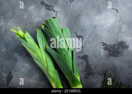 Gambi organici di cipolla di Leek con erbe ingredienti per cucinare porri brasati, su sfondo grigio testurizzato vista dall'alto con spazio per il testo Foto Stock