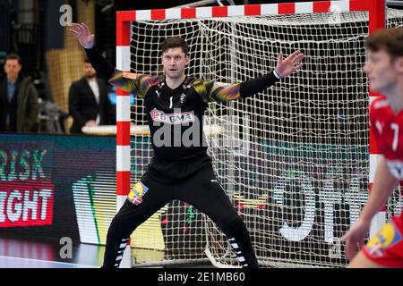 Kolding, Danimarca. 07 gennaio 2021. Niklas Landin (1) della Danimarca ha visto nella partita di prova tra Danimarca e Norvegia alla Sydbank Arena di Kolding. (Photo Credit: Gonzales Photo/Alamy Live News Foto Stock