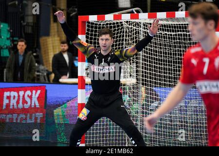 Kolding, Danimarca. 07 gennaio 2021. Niklas Landin (1) della Danimarca ha visto nella partita di prova tra Danimarca e Norvegia alla Sydbank Arena di Kolding. (Photo Credit: Gonzales Photo/Alamy Live News Foto Stock