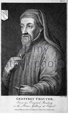 Geoffrey Chaucer Portrait, 1343 – 1400, è stato un poeta e autore inglese, illustratore d'epoca del 1804 Foto Stock