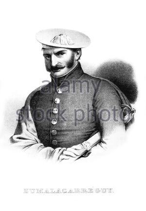 Tomás de Zumalacárregui e Imaz ritratto, 1788 – 1835, è stato un ufficiale basco spagnolo che ha guidato la fazione carlista come capitano generale dell'esercito durante la prima guerra carlista, illustrazione d'epoca dal 1835 Foto Stock