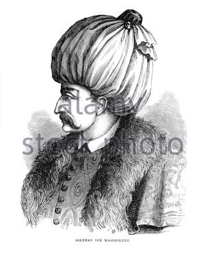 Suleiman il magnifico ritratto, 1494 – 1566, fu il sultano più longevo dell'Impero Ottomano dal 1520 fino alla sua morte nel 1566, illustrazione d'epoca del 1882 Foto Stock