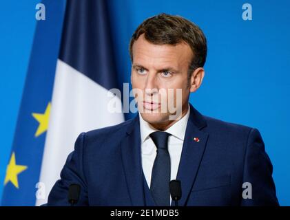 Belgio, Bruxelles, 16 ottobre 2020: Il presidente francese Emmanuel Macron in occasione di una conferenza stampa in occasione del Consiglio europeo straordinario relate Foto Stock