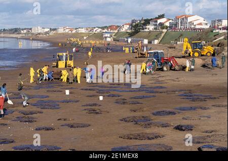 Fuoriuscita di petrolio causata dal naufragio della petroliera Erika: Pulizia delle spiagge e della zona costiera di Tharon (Francia nord-occidentale), mercoledì, dicembre Foto Stock