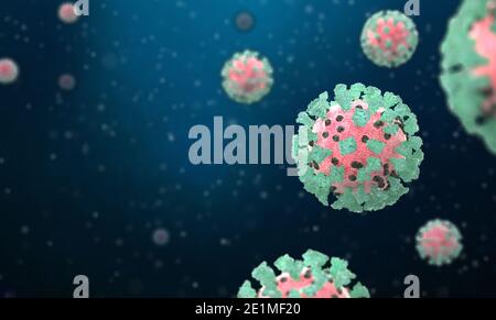 Coronavirus, Covid-19, illustrazione di immagini 3d, vista microscopica di cellule virali flottanti. Influenza, 2019 ncov. Concetto di pandemia, focolaio coro Foto Stock