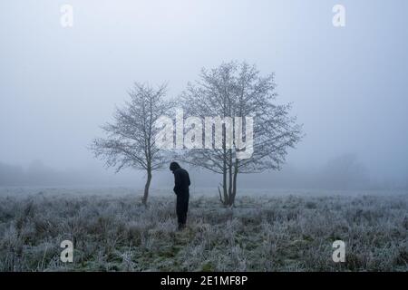 Una giornata di inverni gelidi con un uomo che guarda tra due alberi, silhouette contro un cielo nebboso. Castlemorton Common, Worcestershire, Regno Unito. Foto Stock