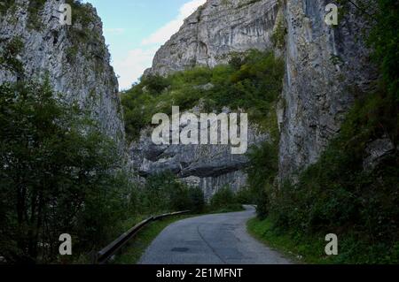 Strada che passa attraverso terreni rocciosi erosi, circondati da rocce e vegetazione lussureggiante sulle rive, Sohodol Gorges (Cheile Sohodolului), Valcan montagne, Foto Stock