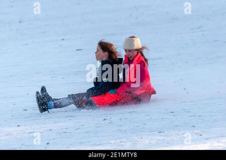 Glasgow, Scozia, Regno Unito. 8 gennaio 2021. Regno Unito Meteo: Slitta nel Queen's Park. Credito: SKULLY/Alamy Live News Foto Stock