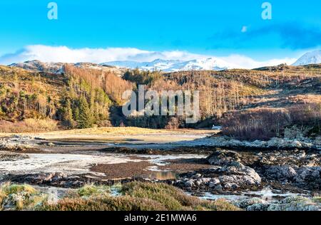 SCOZIA WEST COAST HIGHLANDS KINTAIL SANDAIG ISLANDS ALGHE SABBIOSE COPERTE SPIAGGIA ALLA LUCE DEL SOLE A BASSA MAREA NEVE SULLE MONTAGNE Foto Stock