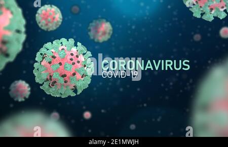 Coronavirus, Covid-19, illustrazione di immagini 3d, vista microscopica di cellule virali flottanti. Influenza, 2019 ncov. Concetto di pandemia, focolaio coro Foto Stock