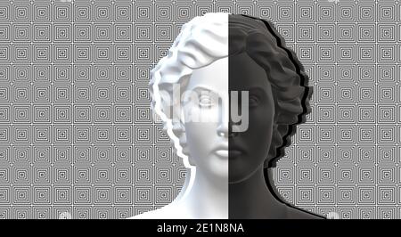 Concetto di personalità divisa, malattia mentale, stress. Busto di femmina in due colori nero e bianco su sfondo astratto. Rendering 3D Foto Stock