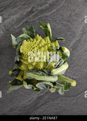 Un romanesco broccoli intero su un tavolo da cucina Foto Stock