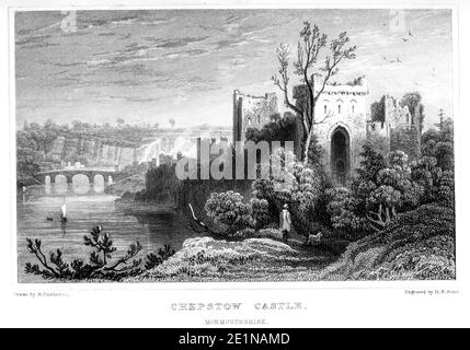 Un'incisione di Chepstow Castle Monboccuthshire scansionata ad alta risoluzione da un libro pubblicato nel 1854. Creduto esente da copyright. Foto Stock