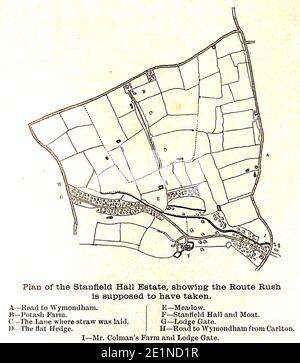 MAPPA. STANFIELD HALL ESTATE> gli omicidi a Stanfield Hall , Norfolk, Inghilterra, furono un noto doppio omicidio vittoriano il 28 novembre 1848. Le vittime, Isaac Jermy e suo figlio Jermy sono stati uccisi e sparati sul portico e nel corridoio della loro residenza. Sono stati assassinati da James Bloomfield Rush (1800–1849), un inquilino-agricoltore della Potash Farm, che aveva condotto un regime deviante per depredare la famiglia e ucciderli. Fu provato e fu impiccato al castello di Norwich il 21 aprile 1849. Il complice inconsapevole era Emily Sandford, la loro governante e la mistress incinta di Rush. Foto Stock