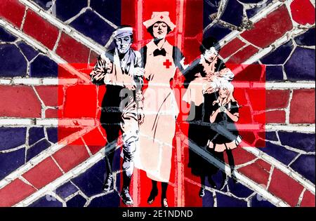 Immagine dell'infermiere Red Cross miscelato con la bandiera UK Union Jack. Infermiere, carenza di infermieri, finanziamento NHS, Coronavirus... Concetto Foto Stock