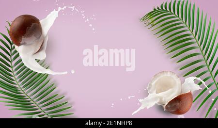 modello con noci di cocco, spruzzi di latte e foglie di palma su sfondo rosa. Foto Stock