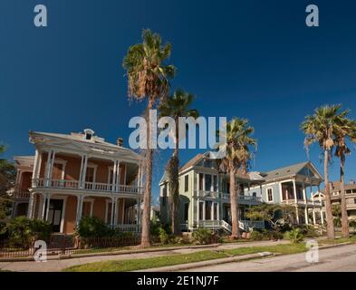 Case vittoriane con portici su Sealy Avenue nel quartiere storico di East End, Galveston, Texas, Stati Uniti Foto Stock