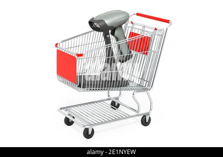 Carrello con lettore di codici a barre, scanner. Rendering 3D isolato su sfondo bianco Foto Stock