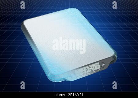 Visualizzazione modello cad 3d di bilance da cucina digitali, BluePrint. Rendering 3D Foto Stock