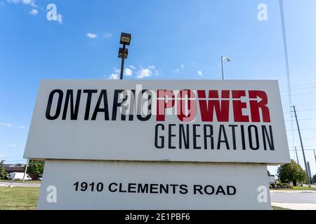 Pickering, ON, Canada - 20 settembre 2020: Primo piano del cartello Ontario Power Generation. Foto Stock