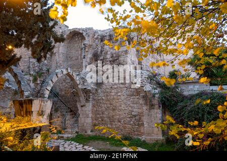 Rovine dell'Hospice di Santa Maria dei Cavalieri tedeschi, un complesso dell'epoca crociata che comprendeva una chiesa, un ostello e un ospedale costruiti dall'Ordine dei Cavalieri Teutonici nel 1128 per servire i pellegrini di lingua tedesca situati nel quartiere ebraico della città vecchia di Gerusalemme est Israele Foto Stock