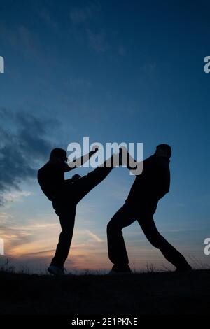 L'allenamento di karate in serata - silhouette Foto Stock