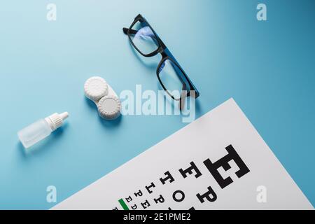 Occhiali con lenti a contatto, gocce e una tabella di prova dell'occhio di Optometrist su uno sfondo blu. La vista dall'alto. Spazio libero Foto Stock