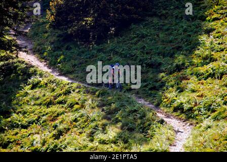 mountain bike su uno stretto sentiero in montagna Foto Stock