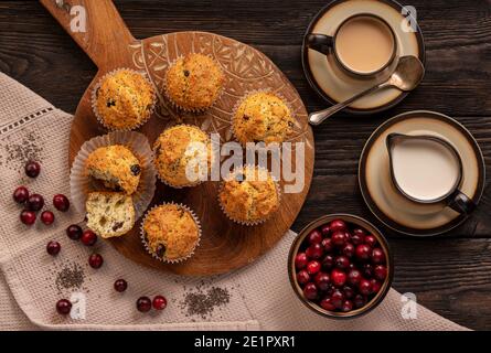 Semi di chia fatti in casa e muffin ai mirtilli rossi. Foto Stock