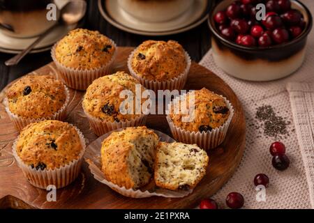 Semi di chia fatti in casa e muffin ai mirtilli rossi. Foto Stock