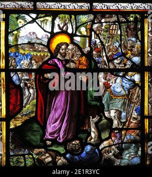 Vetrate olandesi del XVI secolo raffiguranti il tradimento di Cristo, Chiesa di Santa Maria, Shrewsbury, Shropshire Foto Stock