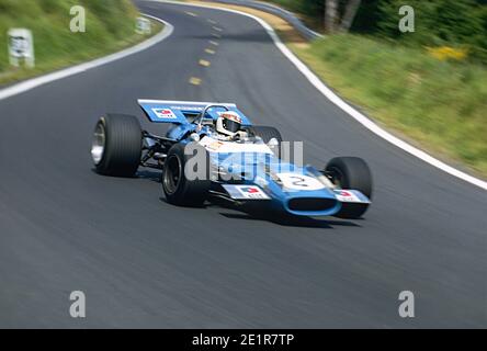 Jackie STEWART guida la Matra-Ford F1 a piena velocità durante il Gran Premio di Francia 1969, nel circuito di Charade vicino Clermont-Ferrand. Foto Stock