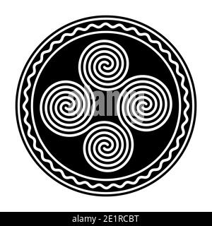 Quattro spirali celtiche doppie collegate, all'interno di un cerchio con una linea bianca ondulata. Spirale quadrupla, formata da quattro spirali Archimede intrecciate. Foto Stock