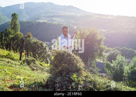 Un uomo sta raccogliendo erba su un campo del villaggio di Anig, distretto di Qusar, Azerbaigian. Anig è un antico villaggio di montagna abitato per la maggior parte dalla gente di Lezgi. Foto Stock