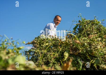 Un uomo sta raccogliendo erba su un campo del villaggio di Anig, distretto di Qusar, Azerbaigian. Anig è un antico villaggio di montagna abitato per la maggior parte dalla gente di Lezgi. Foto Stock
