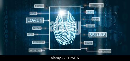 La scansione delle impronte digitali come concetto di tecnologia e sicurezza. File binario impronta digitale. Supporti misti. Foto Stock